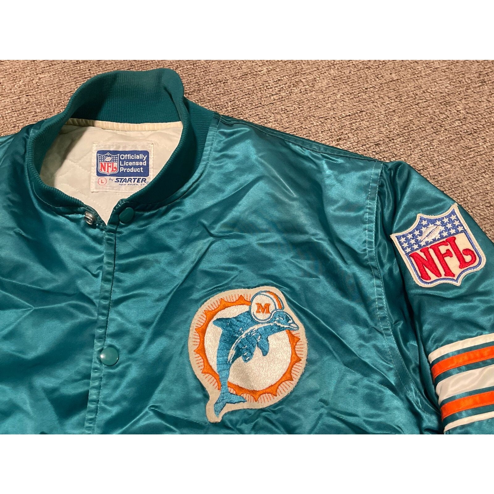 STORMストーム ライオン×サンダー⚡️　日本サイズ2XL相当 Vintage 80s Large Miami Dolphins NFL Pro Line Starter Satin Bomber
