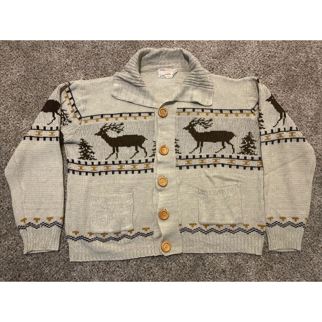 Retro Rodeo Cardigan Vintage 1970’s Mens XL Elk Deer Horse Cowichan Acrylic Cardigan-rodeo ...
