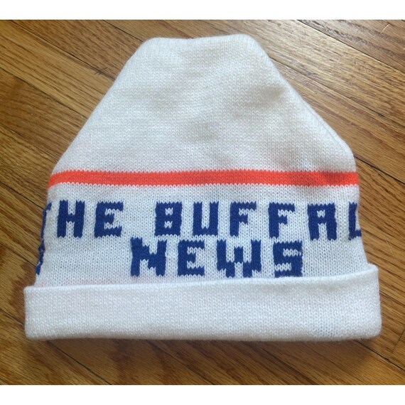 Vintage 80s 90s Buffalo News Winter Hat Beanie Knit Cap White