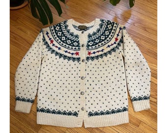 Eddie Bauer Vtg Fair Isle Cottagecore White Ducks Scenic Sweater