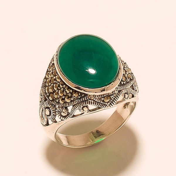 Turkish Istanbul Ottoman Handmade Empire Pasha Mens Statement Ring Algeria Green Onyx Agate, Thai Marcasite 925 Sterling Silver Jewelry Ring