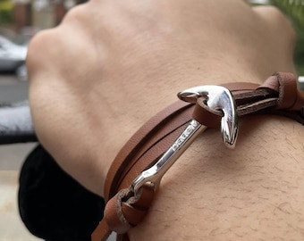 Men's Leather Anchor Bracelet | Stainless Steel Nautical Wristband | Adjustable Fit