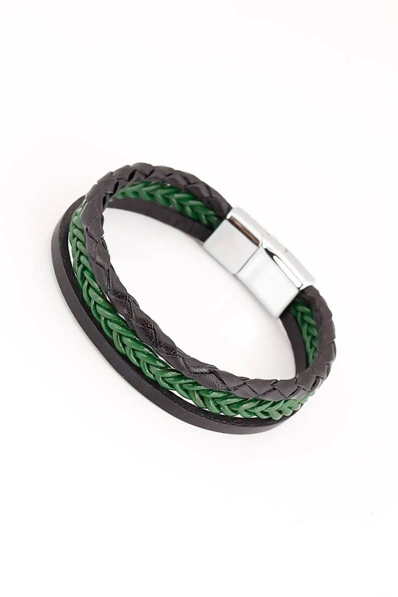 FREE SHIPPING Gift for Him Black /& Dark Forest Green Leather Bracelet Personal Gift Message Steel Bracelet Silver Steel