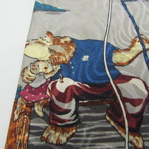 May include: A silk tie with a whimsical design featuring a brown bear holding a smaller bear, both wearing clothing. The bear is sitting on a wooden dock with a fishing pole and a blue and white background.