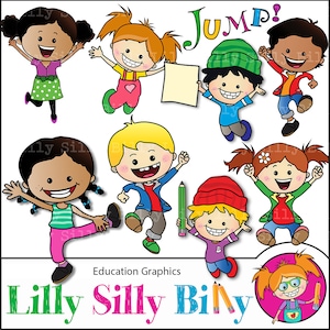 ClipArt springen! Kinder springen vor Freude. Bildungs-Grafiken. Afrikanische amerikanische, asiatische, kaukasischen Kinder. Kommerzielle Nutzung Grafiken.