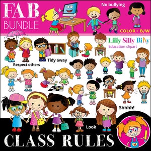 教室のルール FAB BUNDLE - 36 枚の画像: 白黒とカラーの教育用クリップアート、教室のコミュニティ ルール。即時ダウンロード。