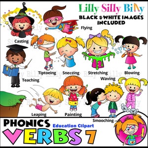 Phonics VERBS 7 - B/W & Color clipart {Lilly Silly Billy}