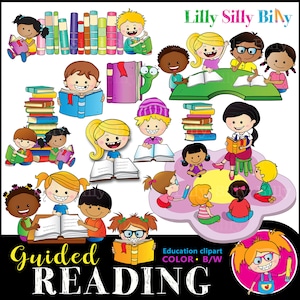 Lettura guidata. Bianco e nero e colore grafica di educazione di bambini imparare a leggere. Insegnante e scuola clipart.