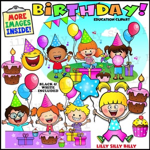 Birthday Kiddo's! - BLACK and WHITE/ and full color clipart. Educational and small business use (Terms of Use Apply).
