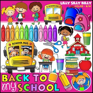 Clipart de volta à minha escola, preto e branco e colorido, crianças fofas da escola e casa da escola, ônibus escolar, uso comercial.