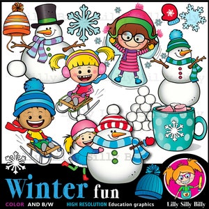 Winter Fun - SCHWARZ und WEISS / und Vollfarb-Cliparts, Winter und Schnee spielen. Bildungs- und Kleinunternehmen.