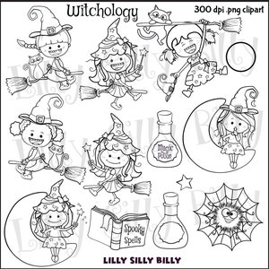 Witchology - Black and White clipart stamps. Sweet, Not-So-Scary illustrations.