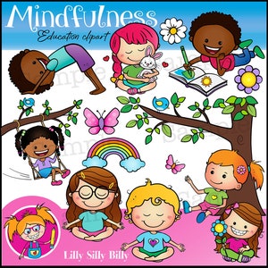 Mindfulness Clipart. BLACK and WHITE and color. Education graphics of children engaging in Mindfulness!