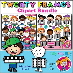 TWENTY FRAME Kids. 60 image clipart BUNDLE. 0-20 Counting Frames, plus Math Sign Buttons.  Cute clipart for small commercial use.