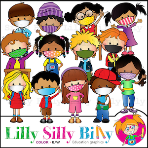 Gluckliche Grosse Kinder Tragen Masken Clipart Schwarz Und Etsy