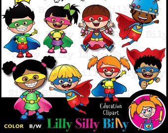 May include: Clip art set of nine superhero children with colorful capes and masks. The children are wearing different colored outfits and have different expressions on their faces. The words "BAM!" "KA-POW!" and "BOOM!" are in the background.