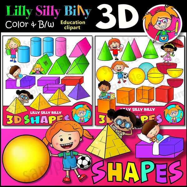 Kids with 3D Shapes clipart set, Small-commercial use education graphics, Fun clipart for teaching basic shapes.