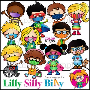Kool Kids con máscaras seguras para covid, Clipart. BLANCO y NEGRO y color, Gráficos educativos de niños practicando salud y seguridad.