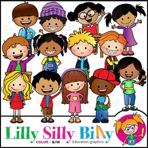 Happy BIG Kids Clipart. BLACK and WHITE and color, Education graphics of children of diverse nationalities. Teacher and school clipart.