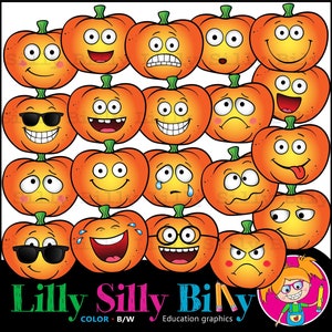 Teste di zucca - Clipart Emoji - Grafica educativa per bambini. Zucche super dolci con espressioni facciali. Grafica per uso commerciale.