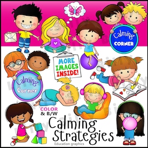 Strategie calmanti, Clipart BUNDLE. IMMAGINI IN BIANCO e NERO e a colori. Grafica educativa di bambini impegnati nello Zen!