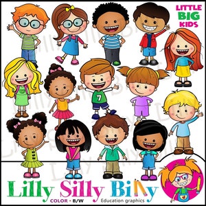 Kleine GROßE Kinder. SCHWARZ und WEIß und Vollfarbiges Clipart Set. Bildung/ kleine kommerzielle Grafiken von Kindern unterschiedlicher Herkunft.