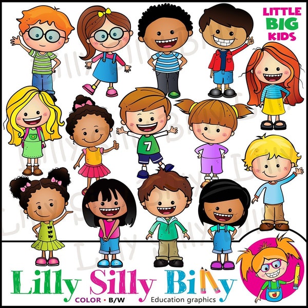 Little BIG Kids. BLACK and WHITE and Full Color Clipart set. Education/ small commercial graphics of children of diverse nationalities.