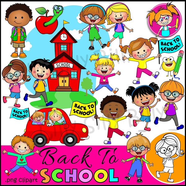 Back to School Clipart 2023,  Cute school kids and school house, school bus, commercial use.