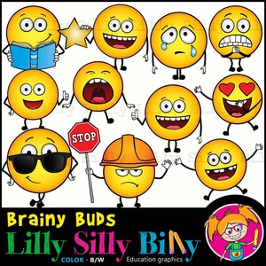 Clipart Emoji's 'Brainy Buds - Actie' - Educatieve afbeeldingen voor kinderen. Beelden van stemmingen en expressie. Afbeeldingen voor commercieel gebruik.