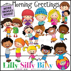 Saluti del mattino - Clip art, saluti con contatto minimo. BIANCO e NERO e colore, grafica educativa di bambini di diverse nazionalità.