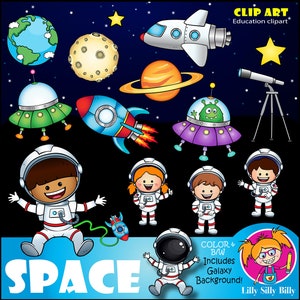 SPACE Clipart. SCHWARZ und WEIß und Farbe. Bildungsgrafiken von Astronauten, Raumschiffen und Planeten.