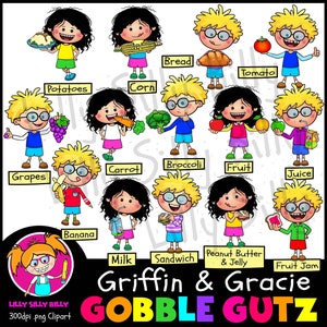 Gracie et Griffin GOBBELGUTZ ! (Aliments entiers) - Clipart enfants pour l'alimentation et la nutrition. Petites entreprises* et illustrations éducatives.