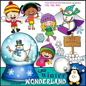 Winter Wonderland - PRETO e BRANCO/e clipart colorido, brincadeiras de inverno e neve. Uso educacional e em pequenas empresas.