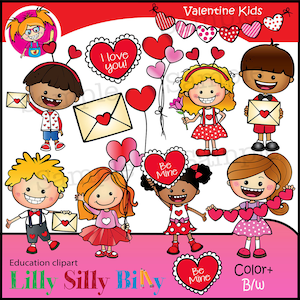 Bambini di San Valentino. Clipart. BIANCO e NERO e colore. Grafica educativa dei bambini che celebrano San Valentino.
