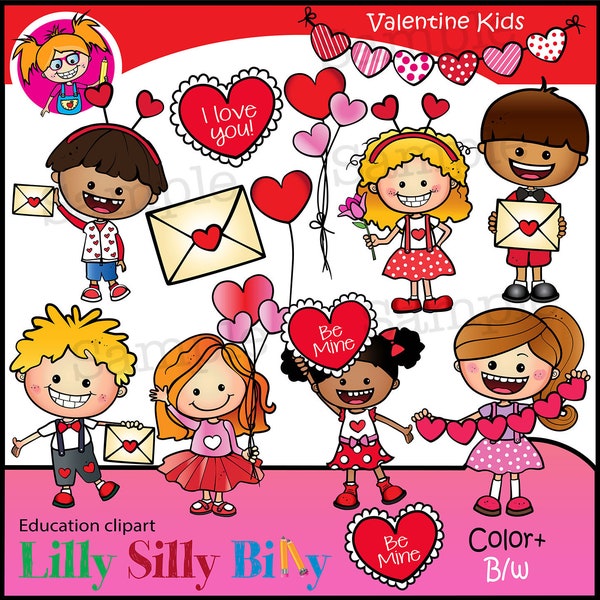 Valentine Kids. Clipart. BLACK and WHITE and color. Education graphics of children celebrating Saint Valentine's Day.