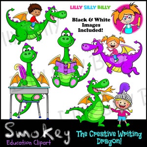 Smokey (de Creatief Schrijven) Draak. Educatieve clipart, zwart-wit en kleur, klein commercieel* en educatief gebruik.