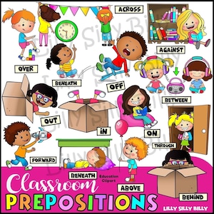 Puede incluir: Clipart de preposiciones de aula con ilustraciones coloridas de niños en varias posiciones. Se incluyen las palabras "a través", "sobre", "debajo", "fuera", "fuera", "dentro", "en", "contra", "entre", "a través", "hacia adelante", "encima" y "detrás".