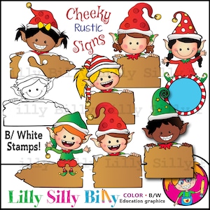 May include: Set of eight digital clipart images featuring elf characters holding rustic wooden signs. The elves are wearing red, green, and white elf hats and have different skin tones. The signs are brown and have a rough texture. The text "Cheeky Rustic Signs" is at the top of the image.