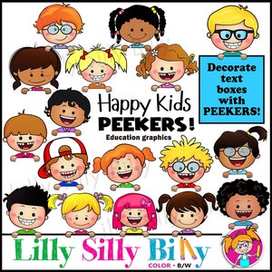 Happy Kids - BLACK and WHITE/ and full color clipart. Educational and small business use (Terms of Use Apply).