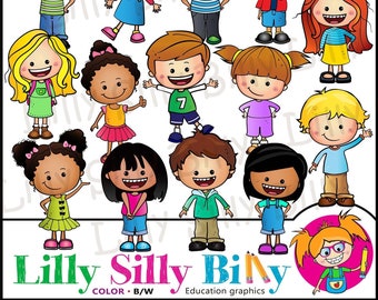 Little BIG Kids. BLACK and WHITE and Full Color Clipart set. Education/ small commercial graphics of children of diverse nationalities.