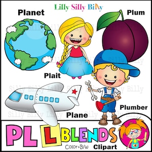L Blends (PL), Zwart-wit en Color Clipart. Phonics/ Word illustraties voor educatief en klein commercieel gebruik.