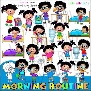 Ochtendroutine. Clipart in zwart-wit/kleur. Klein commercieel en educatief gebruik.