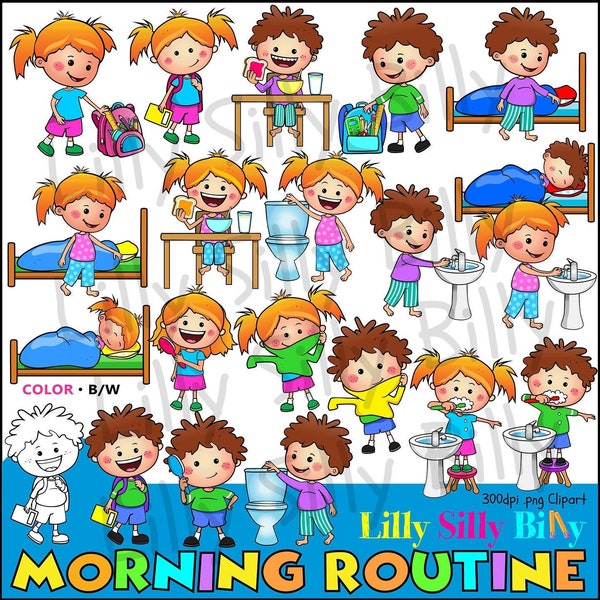 Morning Routine - Milo and Lilly. Sequential Clipart in black & white/ full color. Small commercial and educational use.