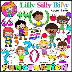 Può includere: Personaggi dei cartoni animati colorati che tengono segni di punteggiatura, tra cui punti interrogativi, punti esclamativi, virgole, virgolette e parentesi. Il testo "Lilly Silly Billy" e "PUNCTUATION" sono anche inclusi nell'immagine.