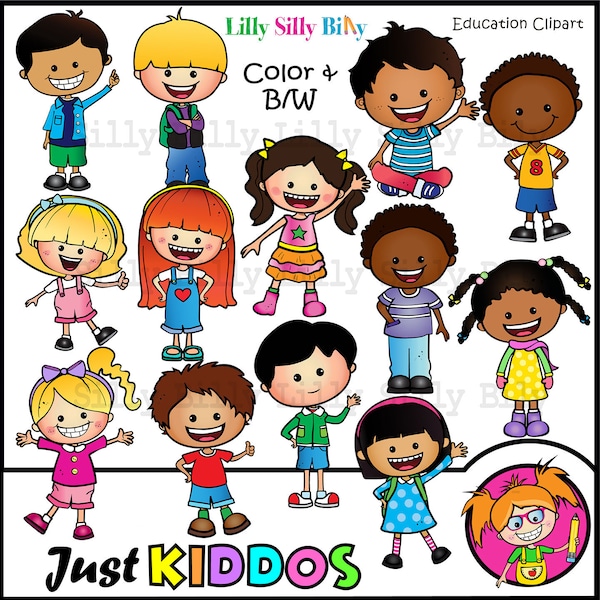 Just Kiddo's. Clipart in BLACK and WHITE and Full Color. Education graphics of children of diverse nationalities.