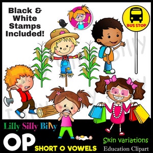 Phonics SHORT 0 Família de palavras - Palavras "OP" - clipart em preto e branco e cores.