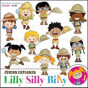 Exploradores jóvenes. NEGRO y BLANCO y COLOR. Gráficos educativos de niños de diversas nacionalidades. Imágenes prediseñadas de maestros y escuelas.