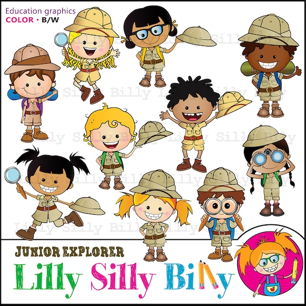 Junior Explorers. BLACK and WHITE and COLOR. Education graphics of children of diverse nationalities. Teacher and school clipart.