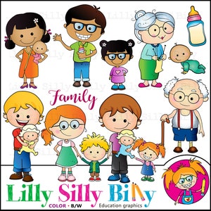 FAMILIE. SCHWARZ und WEISS und Vollfarbe. Bildungsgrafiken von Familie/ diversen Nationalitäten. Lehrer und Schule Clipart.