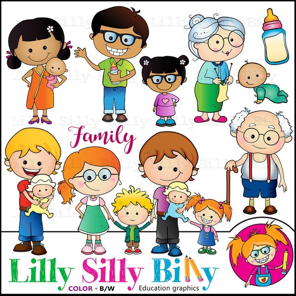 FAMILY. BLACK and WHITE and full color. Education graphics of family/ diverse nationalities. Teacher and school clipart.